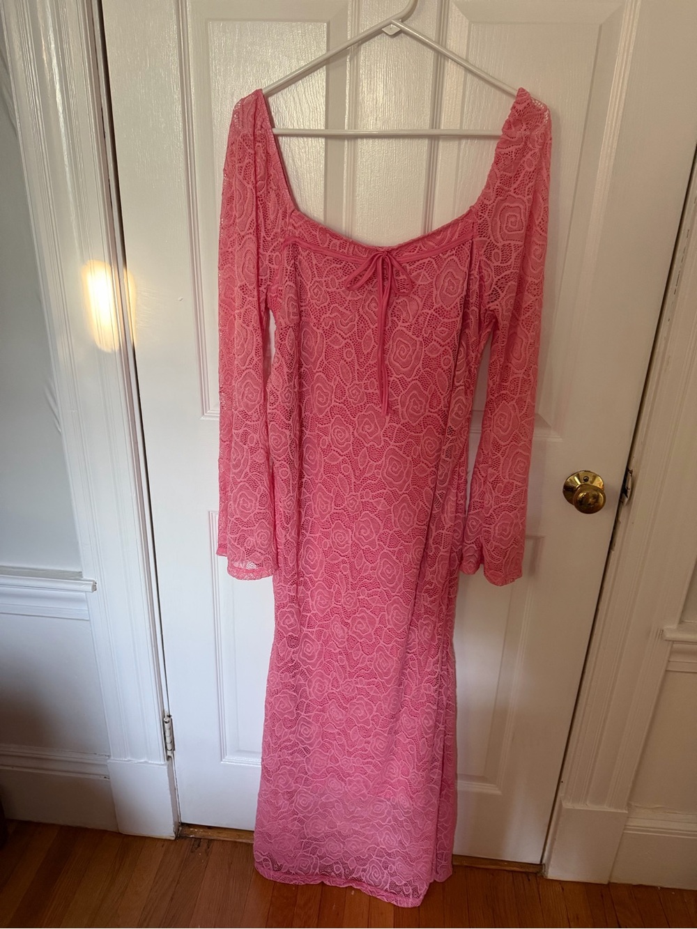Pink Lace Long-Sleeve Maxi Dress